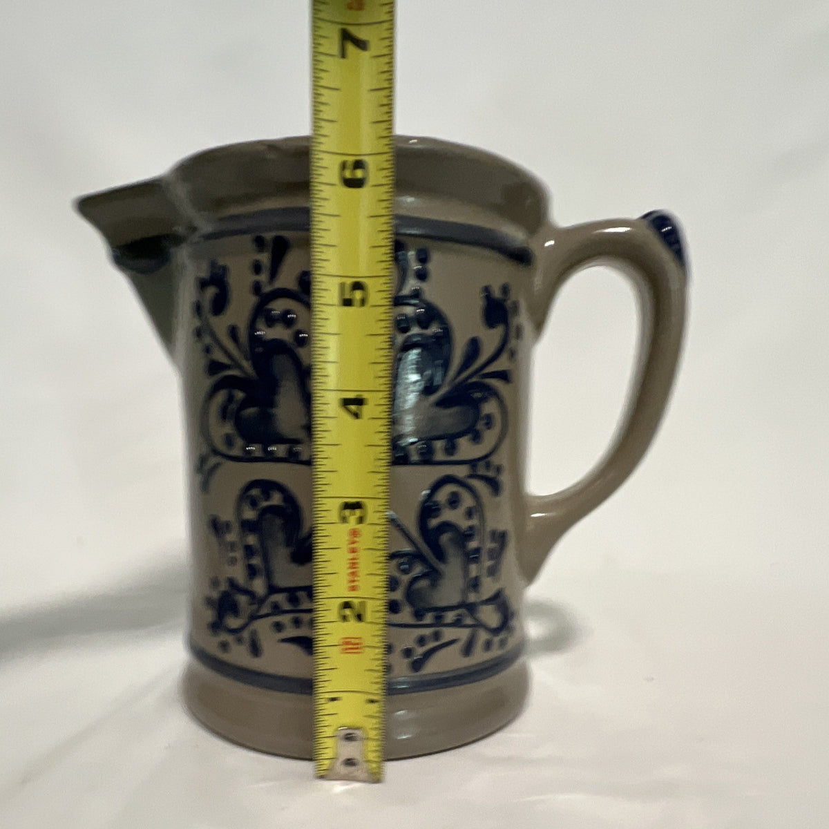 Gray & Blue Ceramic Creamer 8 oz Folk Art Hand Painted Incised Backstamp3