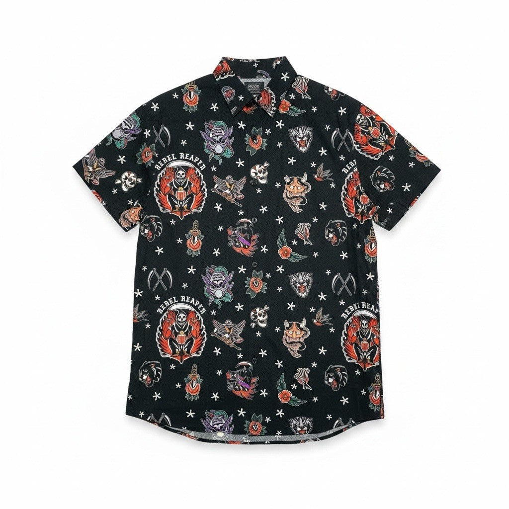 Rebel Reaper Mens L Tattoo Flash Shirt Black Skull Panther Button Down1