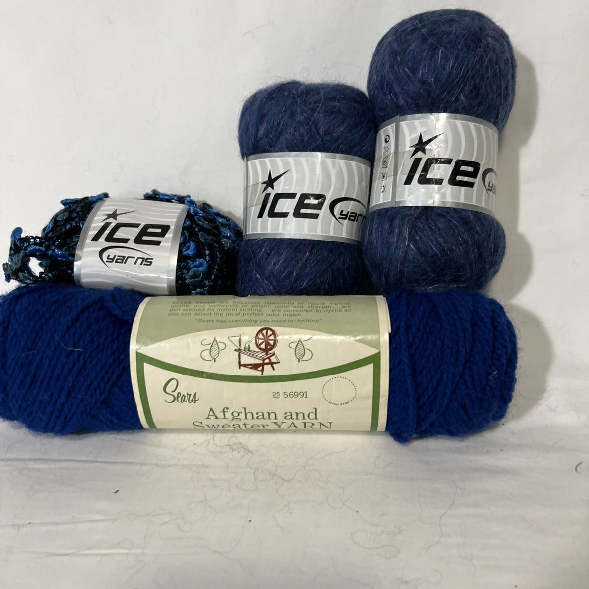 Vintage Sears Afghan Sweater Yarn ICE Yarns Blue Mohair Mixed Lot 4 Skeins0