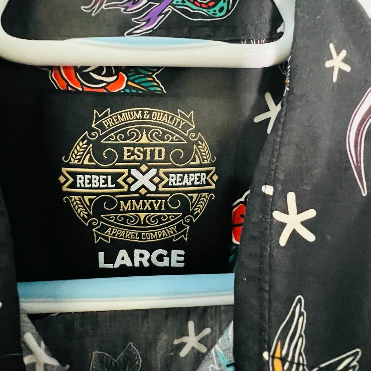 Rebel Reaper Mens L Tattoo Flash Shirt Black Skull Panther Button Down2
