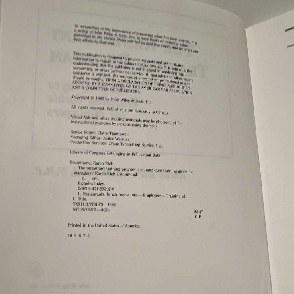 Restaurant Training Program Drummond 1992 Employee Manager Hospitality Textbook1