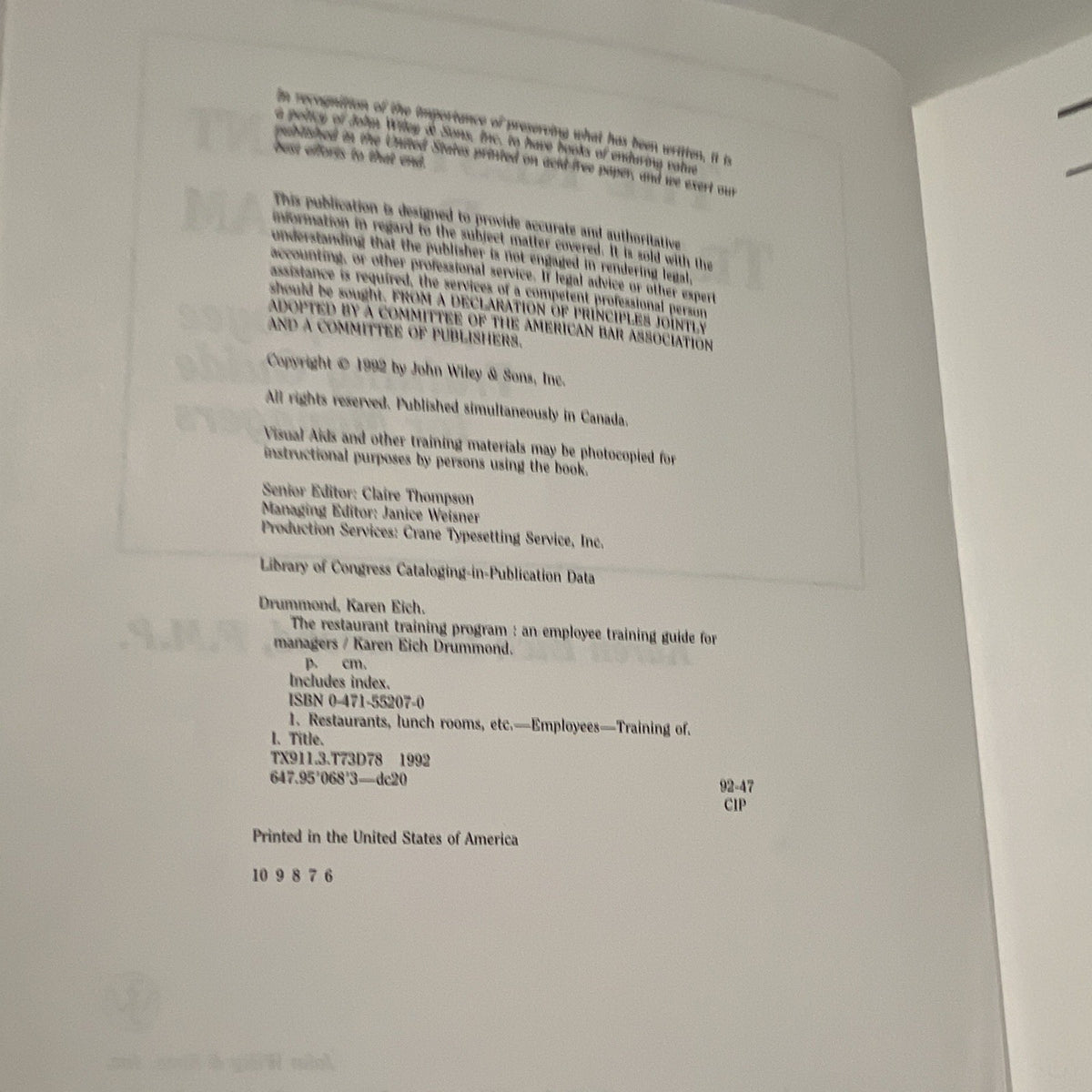 Restaurant Training Program Drummond 1992 Employee Manager Hospitality Textbook1