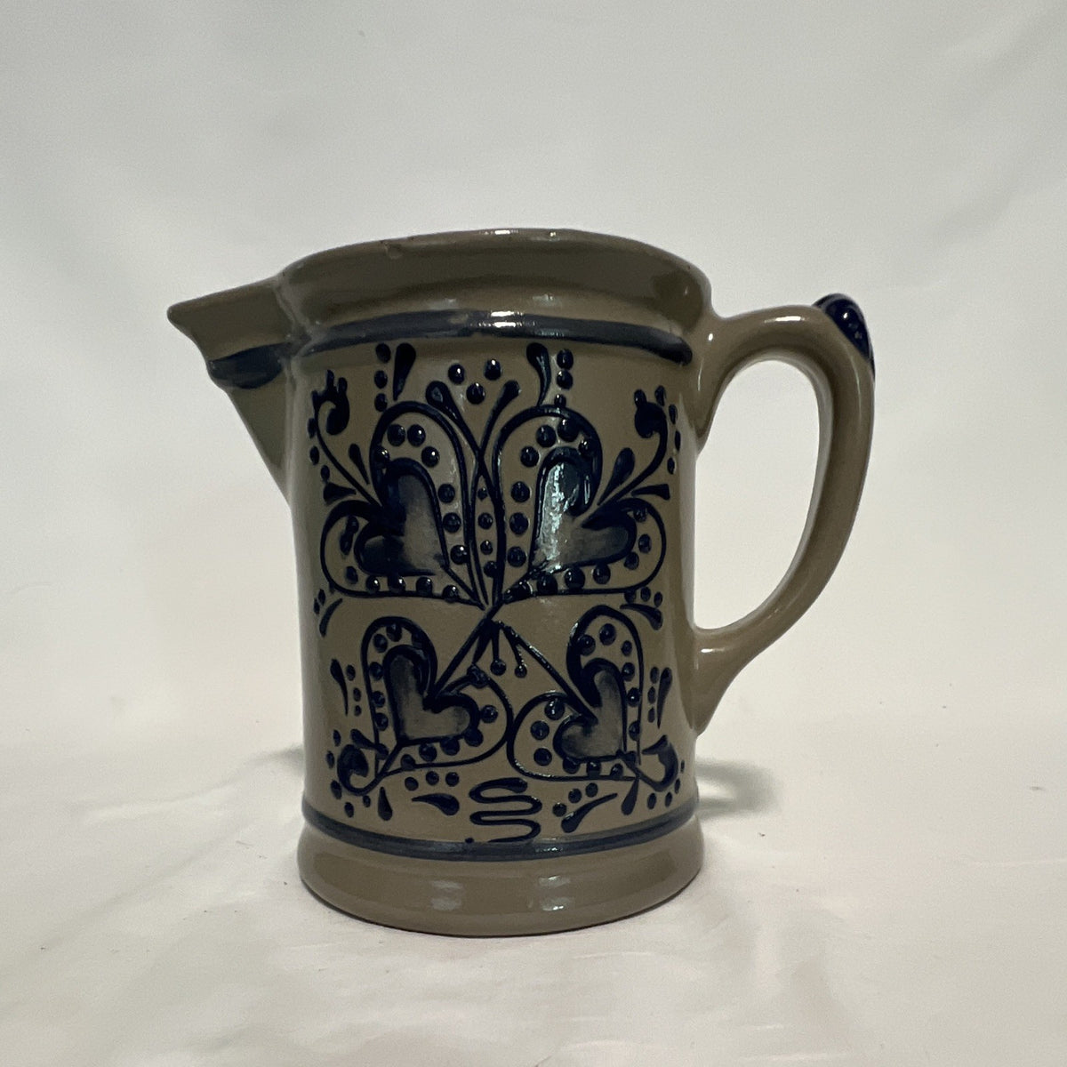 Gray & Blue Ceramic Creamer 8 oz Folk Art Hand Painted Incised Backstamp0