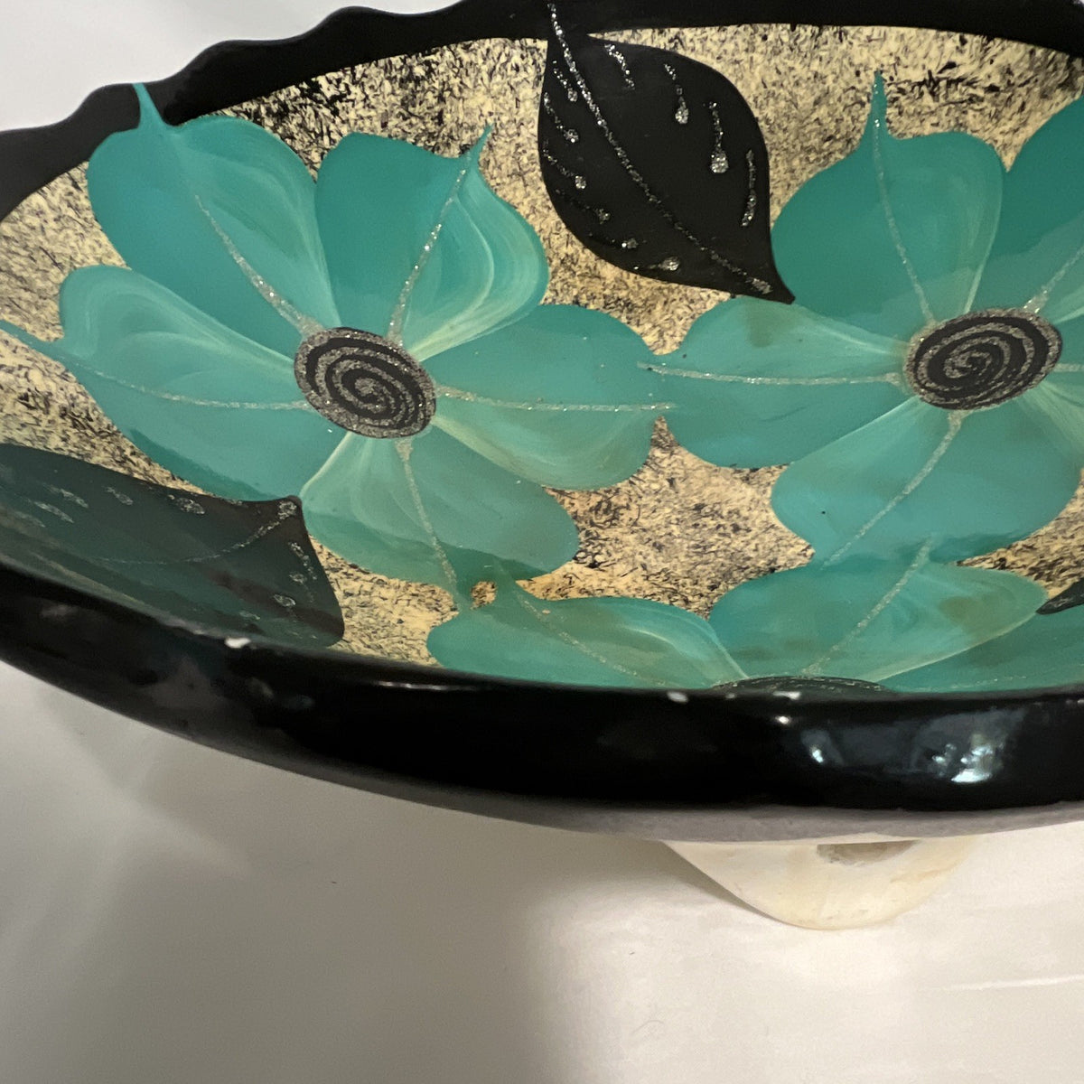 Handmade pottery Decorative Bowl, Glossy Black Turquoise Gold Floral  11 in. 3