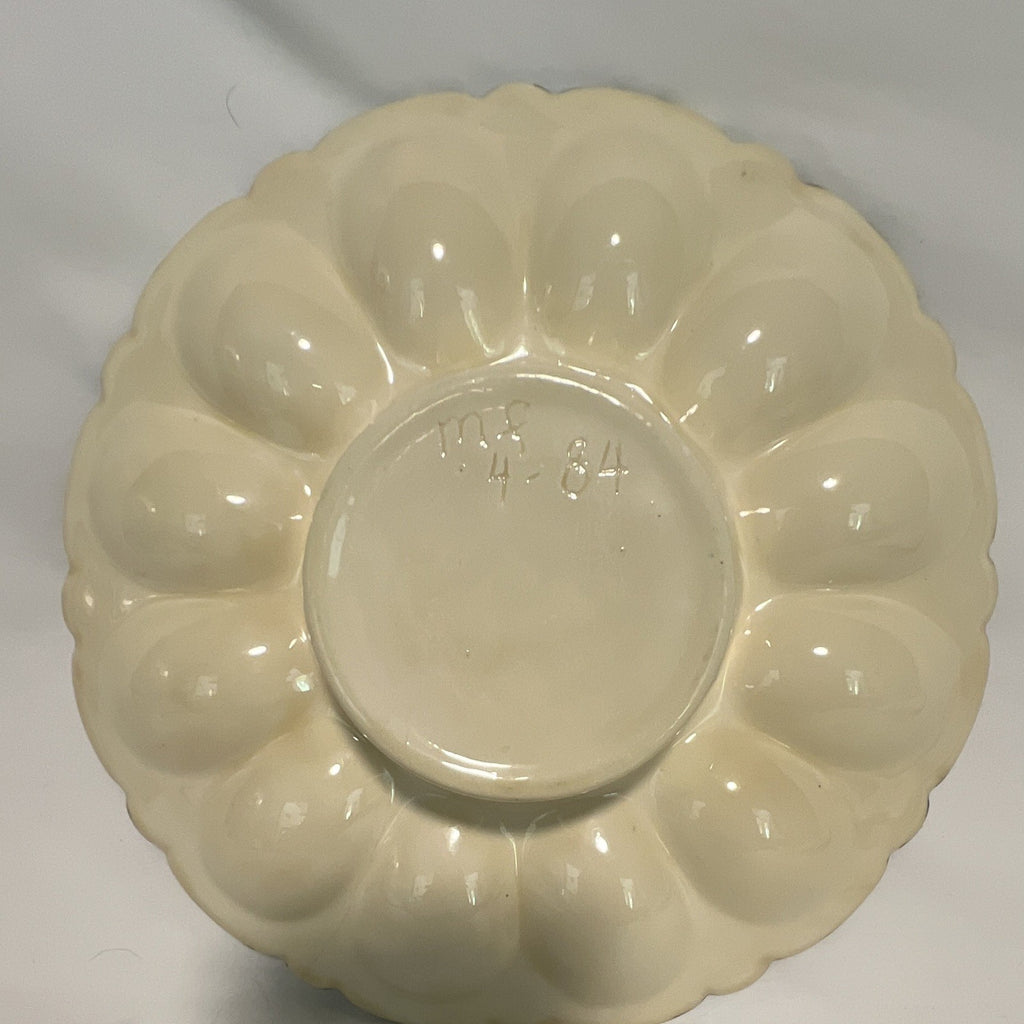 Vintage Ceramic Deviled Egg Platter Ivory Green 12 Egg Slots Center Dip Bowl1