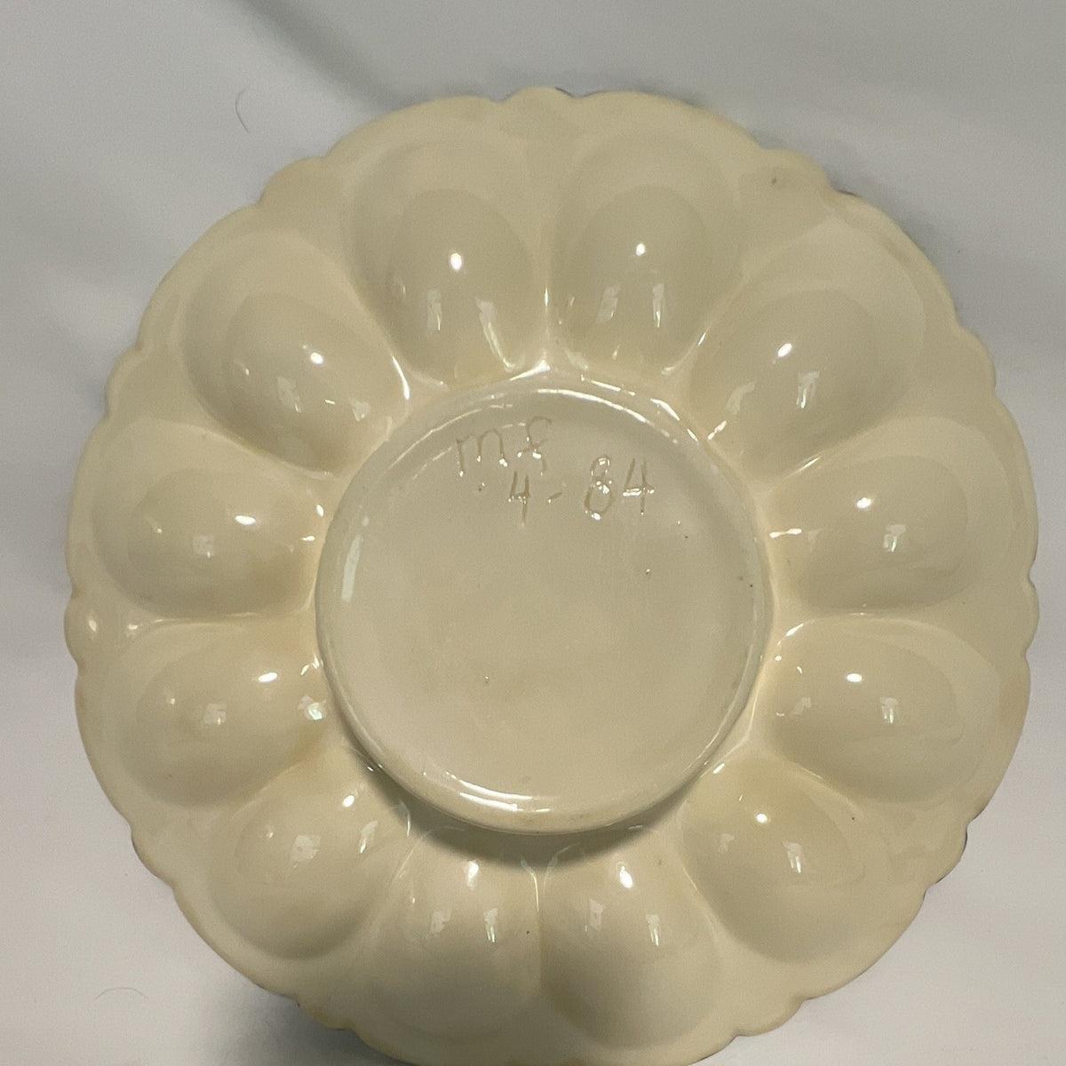 Vintage Ceramic Deviled Egg Platter Ivory Green 12 Egg Slots Center Dip Bowl1