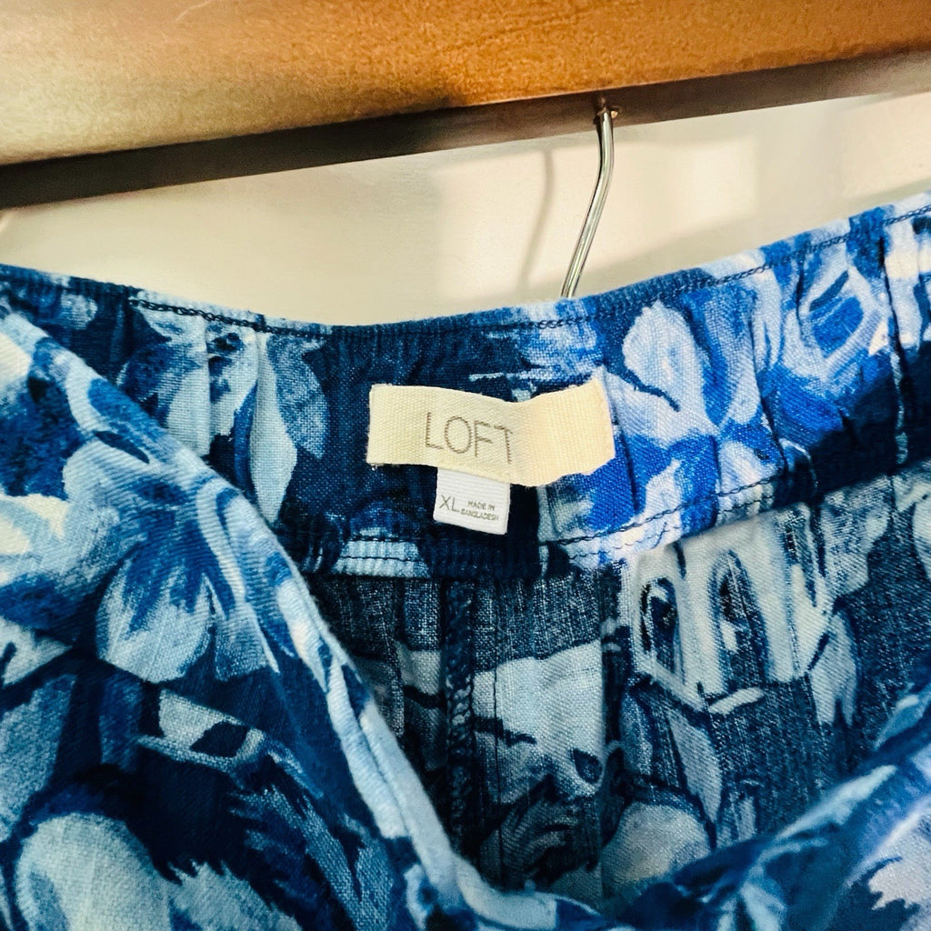 LOFT Pants Women XL Blue White Tropical Print Wide Leg Pull On Palazzo 27"2