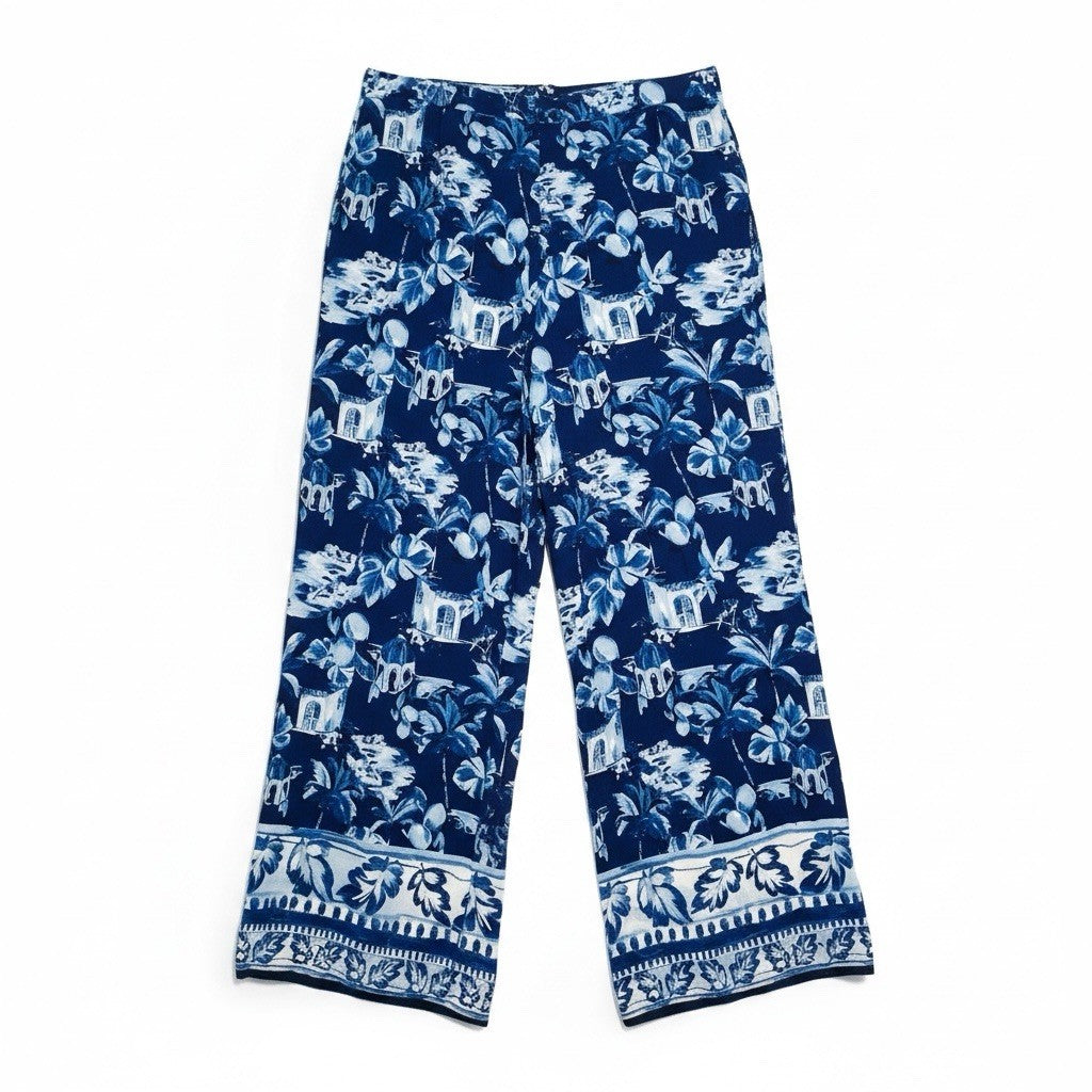 LOFT Pants Women XL Blue White Tropical Print Wide Leg Pull On Palazzo 27"0