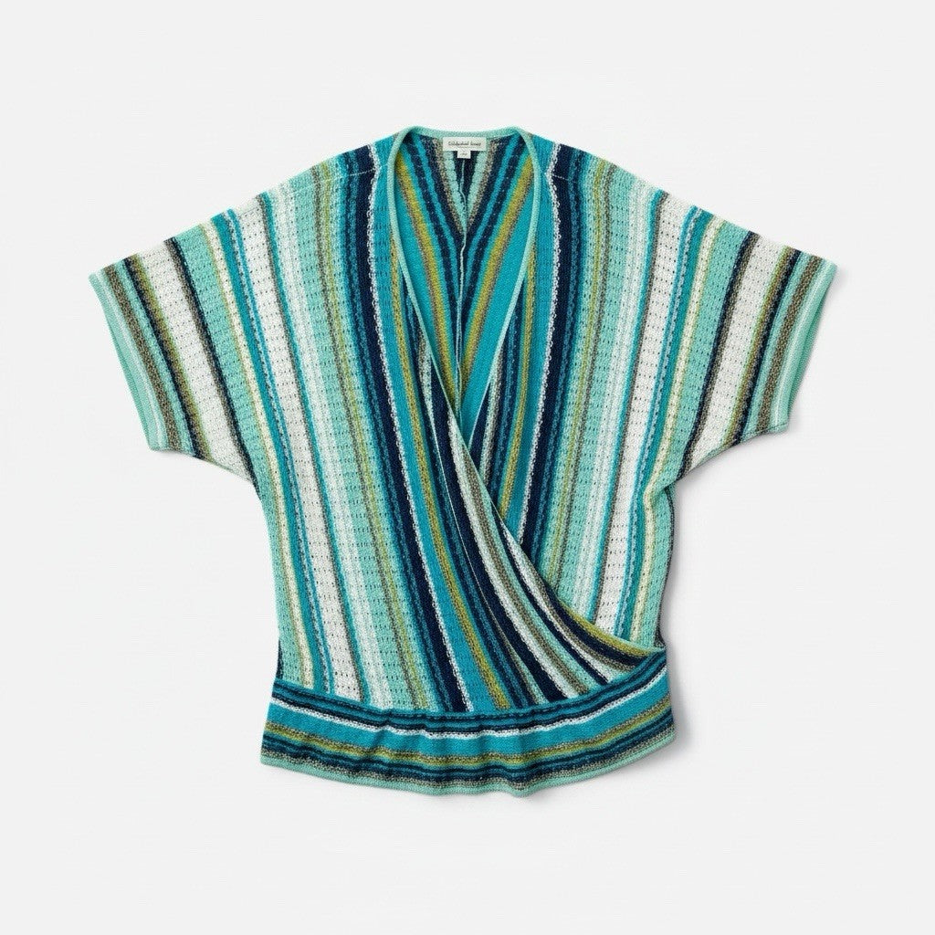 Coldwater Creek 2X Striped Surplice Faux Wrap Knit Top Teal Blue Dolman Plus0