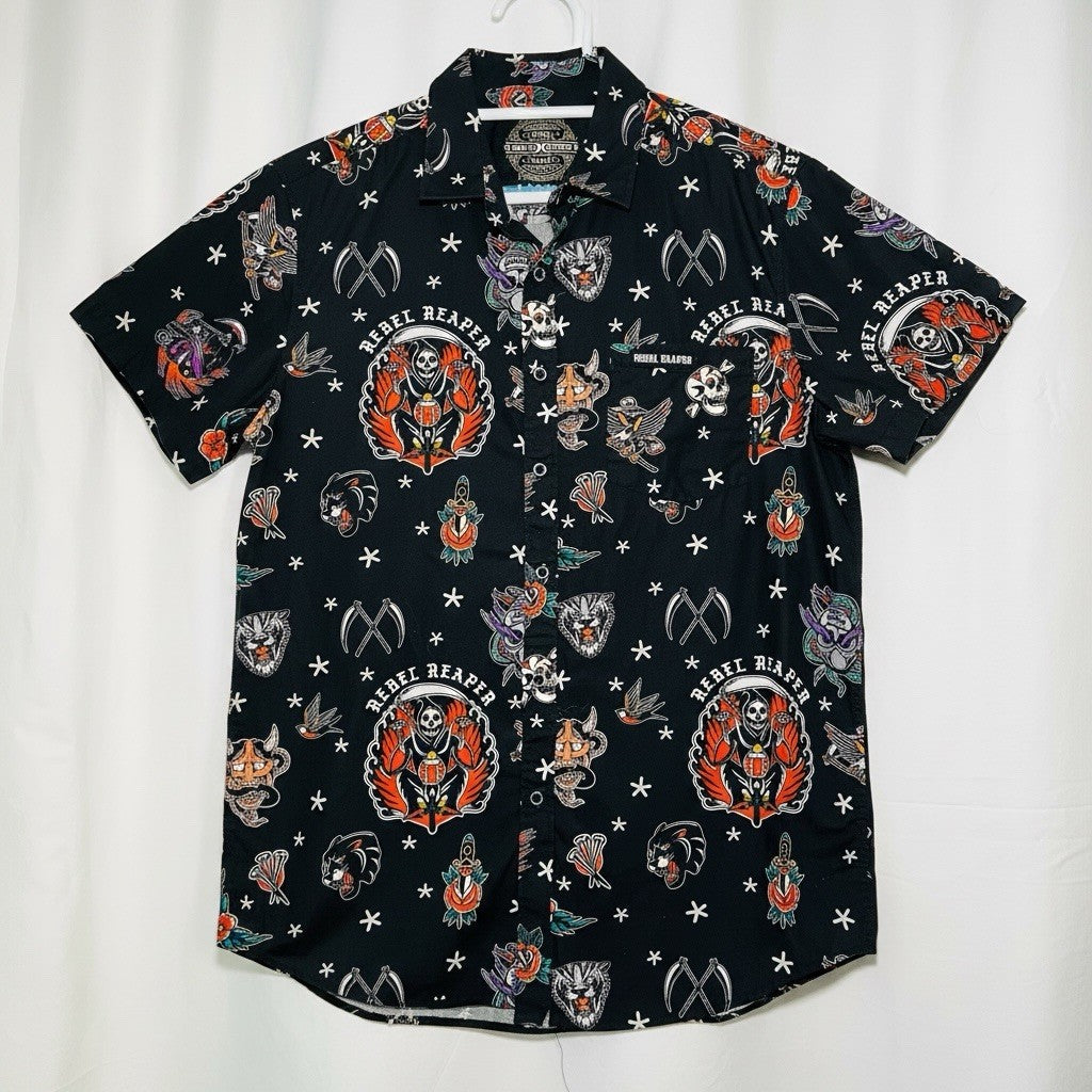 Rebel Reaper Mens L Tattoo Flash Shirt Black Skull Panther Button Down0