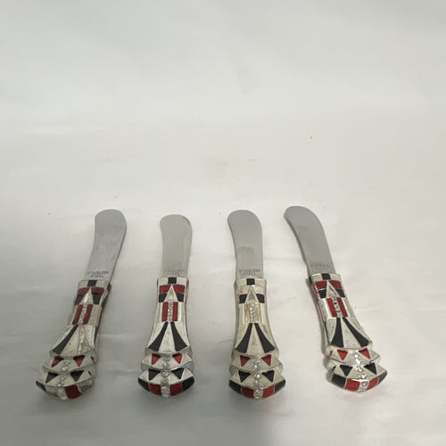 Bombay Company Cheese Spreaders Set of 4 Silver Red Black Geometric Enamel1