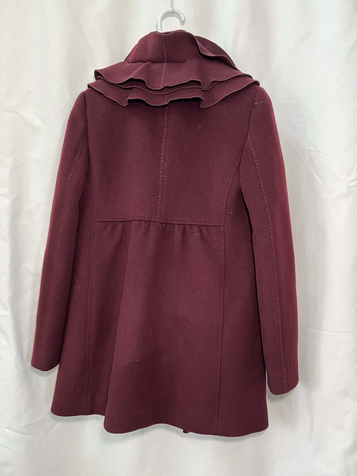 Elie Tahari Women's XS Burgundy Wool Blend Coat Ruffle Collar Button Front1