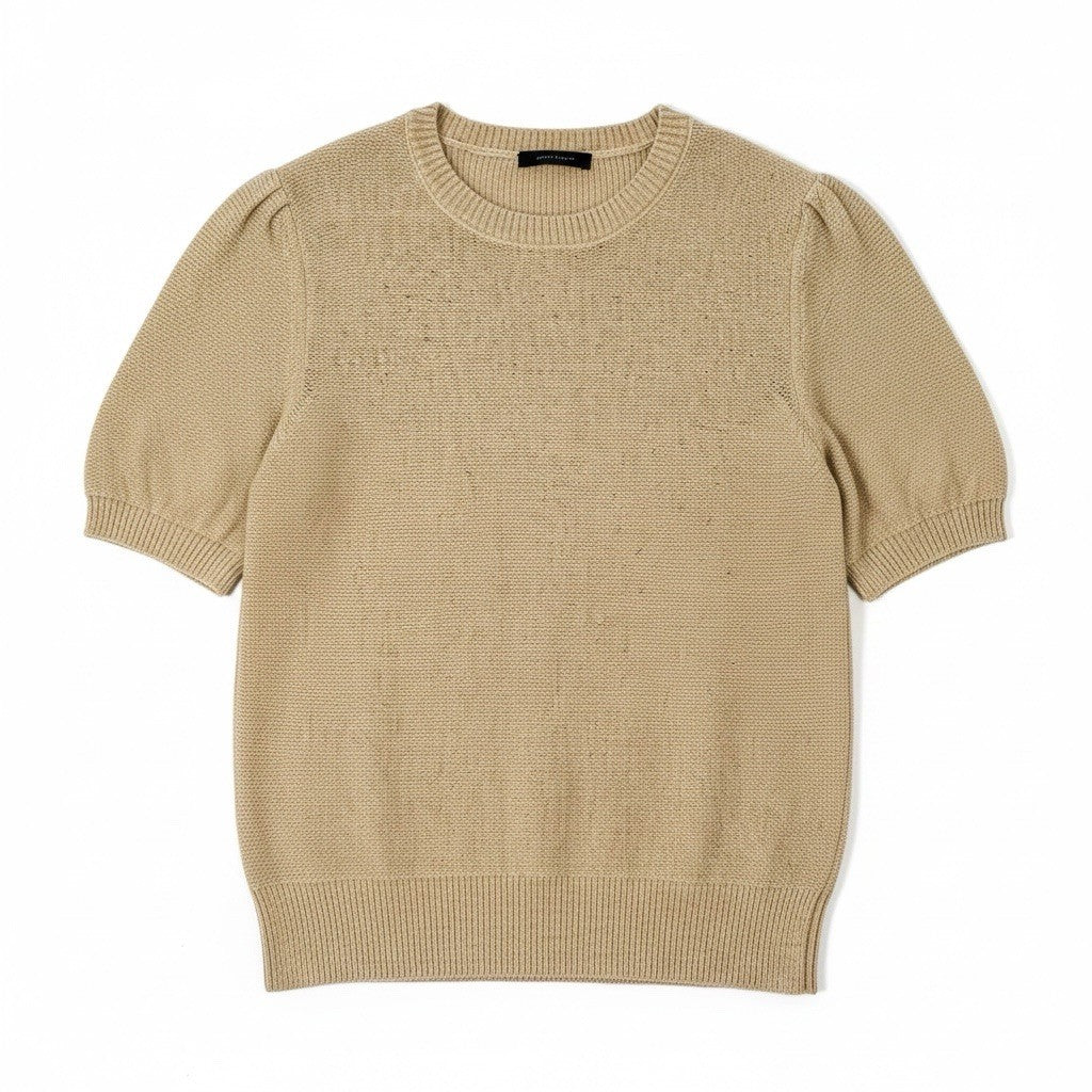 Ann Taylor Womens M Beige Puff Sleeve Short Sleeve Knit Sweater Crewneck0