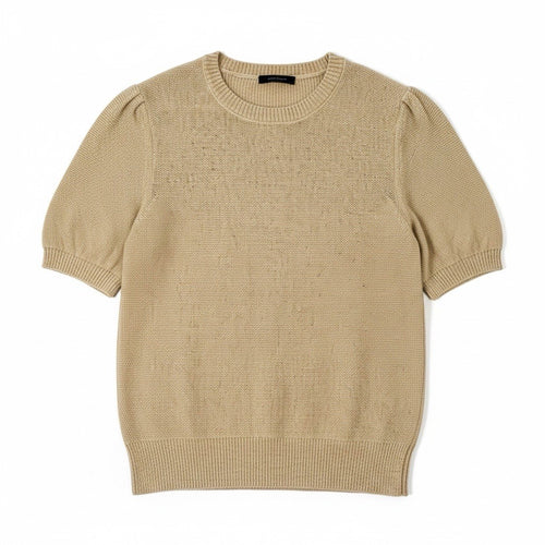 Ann Taylor Womens M Beige Puff Sleeve Short Sleeve Knit Sweater Crewneck0