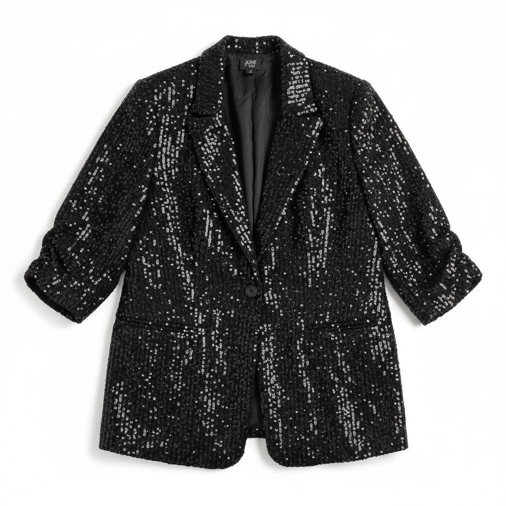 June + Vie Sequin Blazer Women 26/28 2X Black Ruched Sleeve Party Jacket Plus0