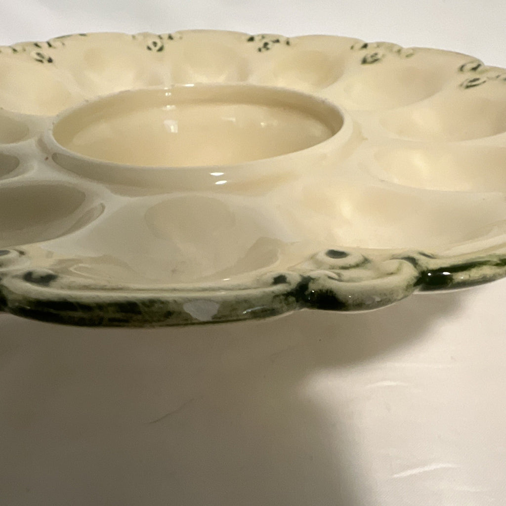 Vintage Ceramic Deviled Egg Platter Ivory Green 12 Egg Slots Center Dip Bowl3