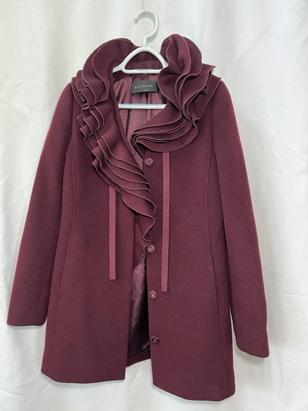 Elie Tahari Women's XS Burgundy Wool Blend Coat Ruffle Collar Button Front0