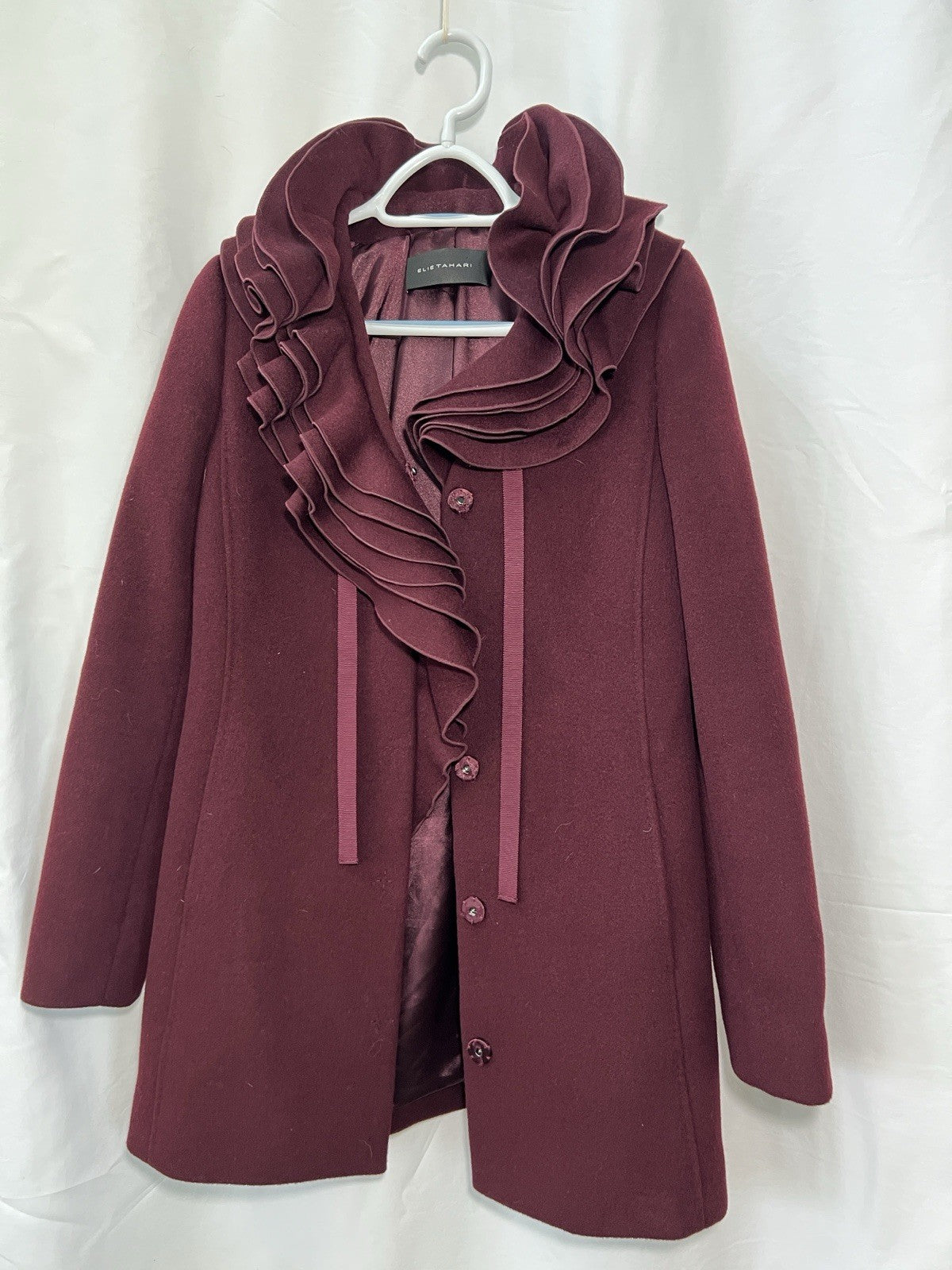 Elie Tahari Women's XS Burgundy Wool Blend Coat Ruffle Collar Button Front0