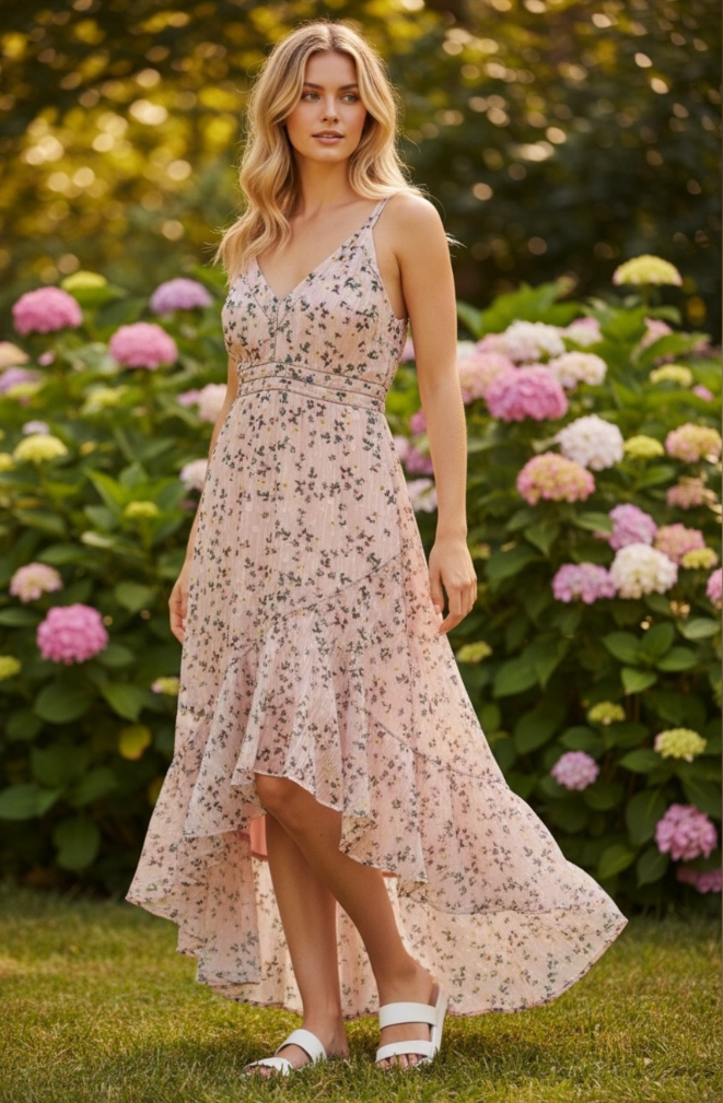 Tularosa Pink Floral High Low Maxi Dress Womens S Ruffle Tiered Cottagecore0