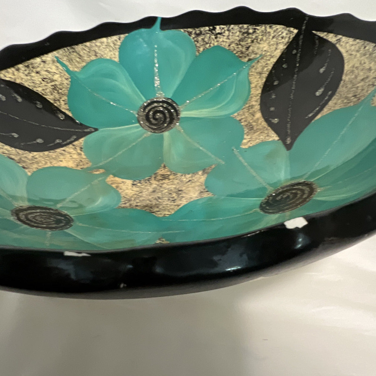 Handmade pottery Decorative Bowl, Glossy Black Turquoise Gold Floral  11 in. 4