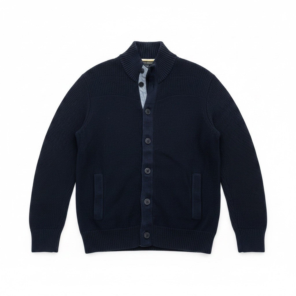 Banana Republic Mens Large Navy Mock Neck Cardigan Sweater Button Front Pockets0