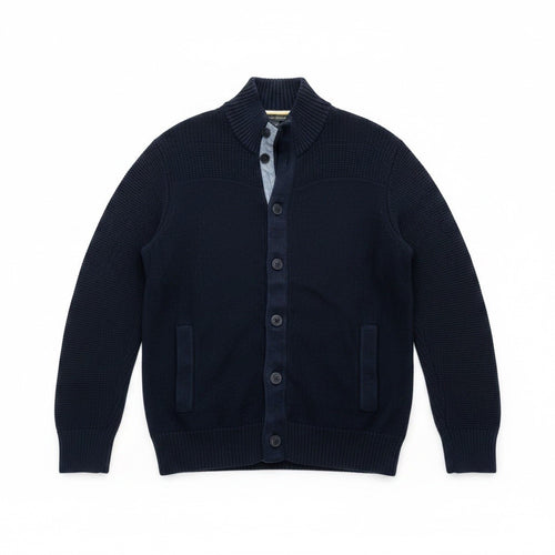 Banana Republic Mens Large Navy Mock Neck Cardigan Sweater Button Front Pockets0