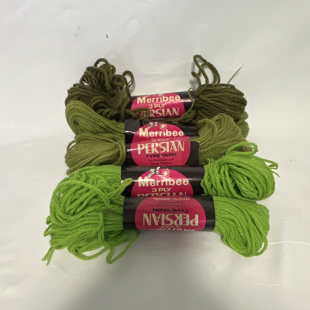 Merribee Persian 3-Ply Needlepoint Yarn Lot 5 Skeins 100% Wool Mint/Earth Green0