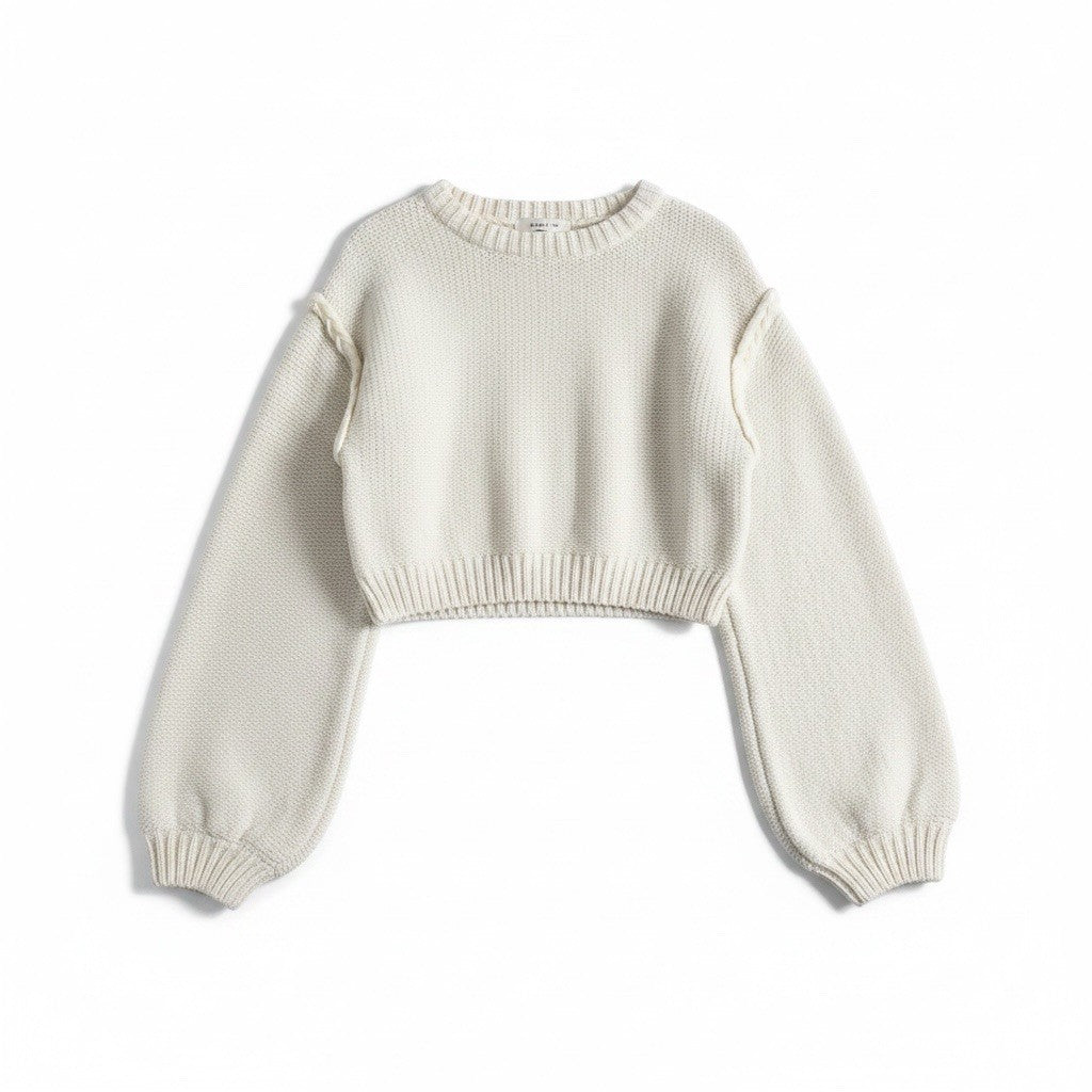 Altar'd State Womens S Cream Cable Knit Cropped Sweater Balloon Sleeve Boho1