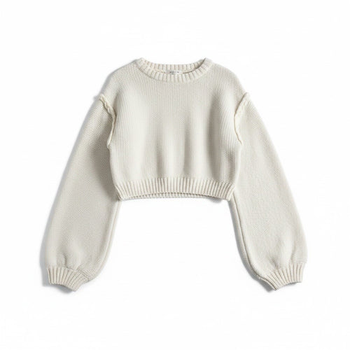 Altar'd State Womens S Cream Cable Knit Cropped Sweater Balloon Sleeve Boho1