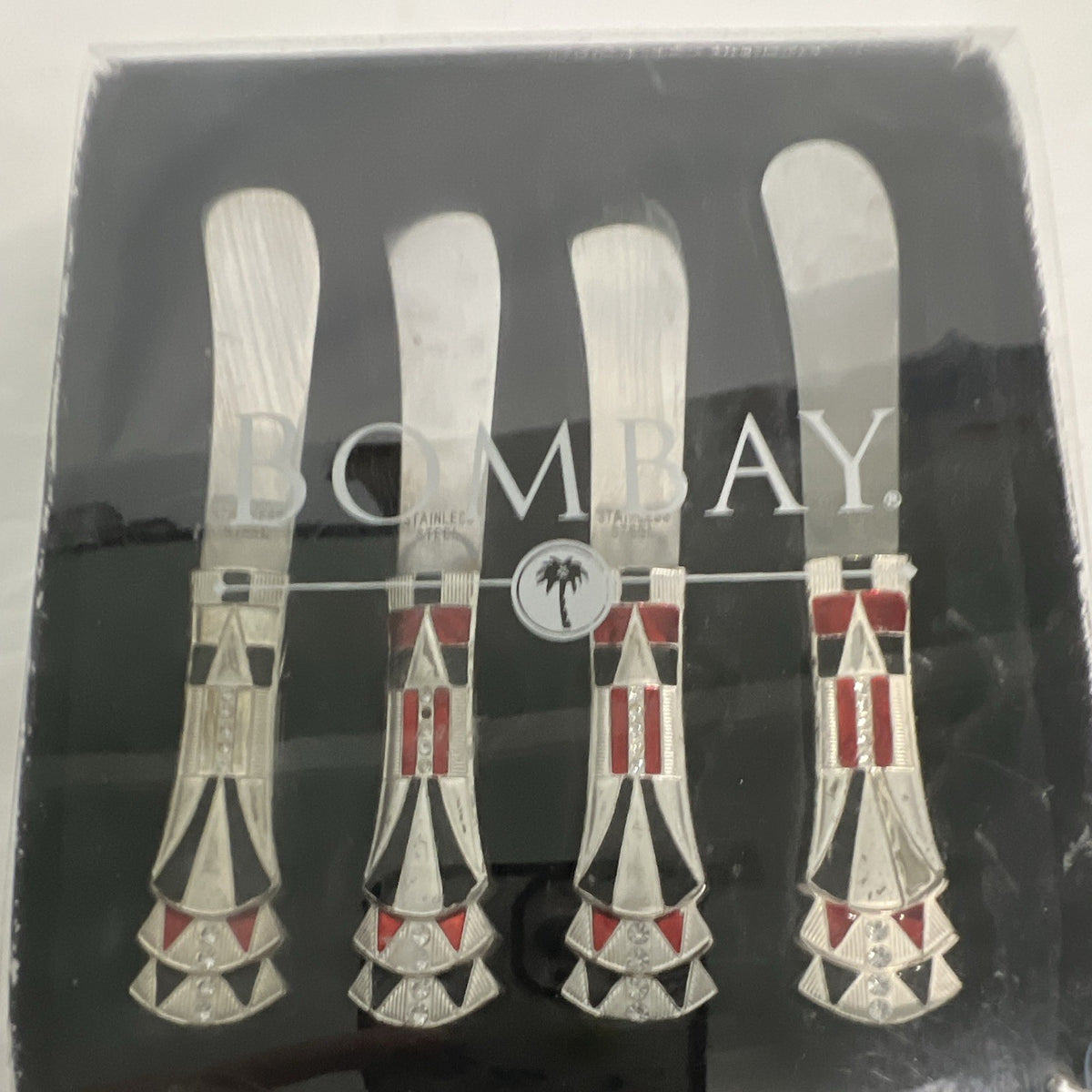 Bombay Company Cheese Spreaders Set of 4 Silver Red Black Geometric Enamel3