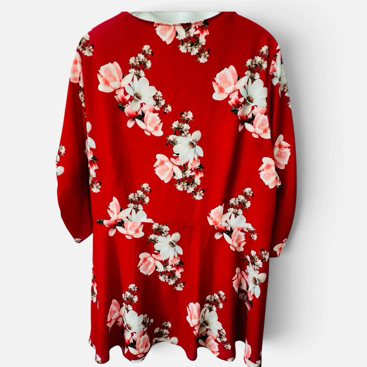 City Chic XL 22 Red Floral Wrap Blouse V Neck Ruched Sleeve Plus Size Tie Waist2