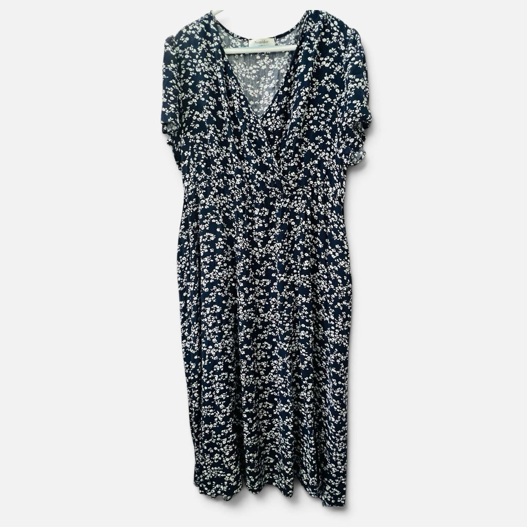 Nemidor 3XL Navy Floral Midi Dress Faux Wrap V Neck Pockets Plus Size0