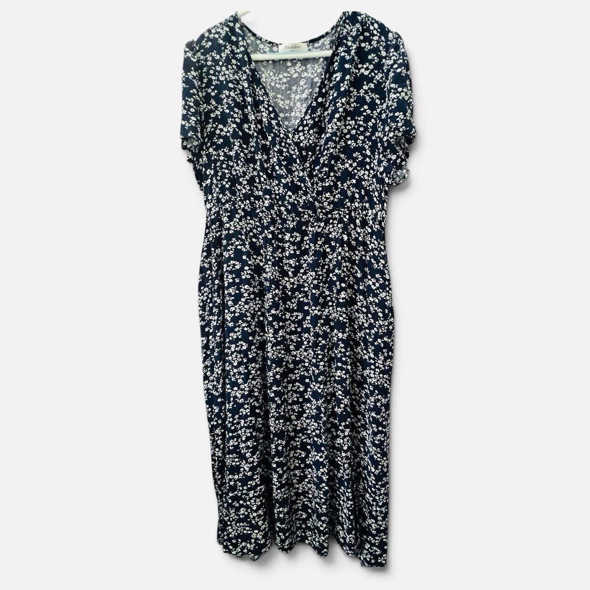 Nemidor 3XL Navy Floral Midi Dress Faux Wrap V Neck Pockets Plus Size0