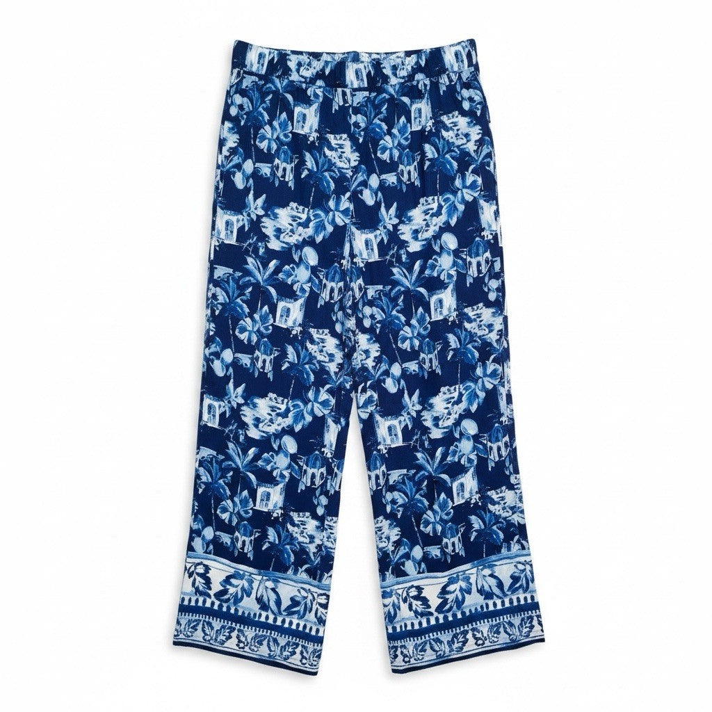 LOFT Pants Women XL Blue White Tropical Print Wide Leg Pull On Palazzo 27"1