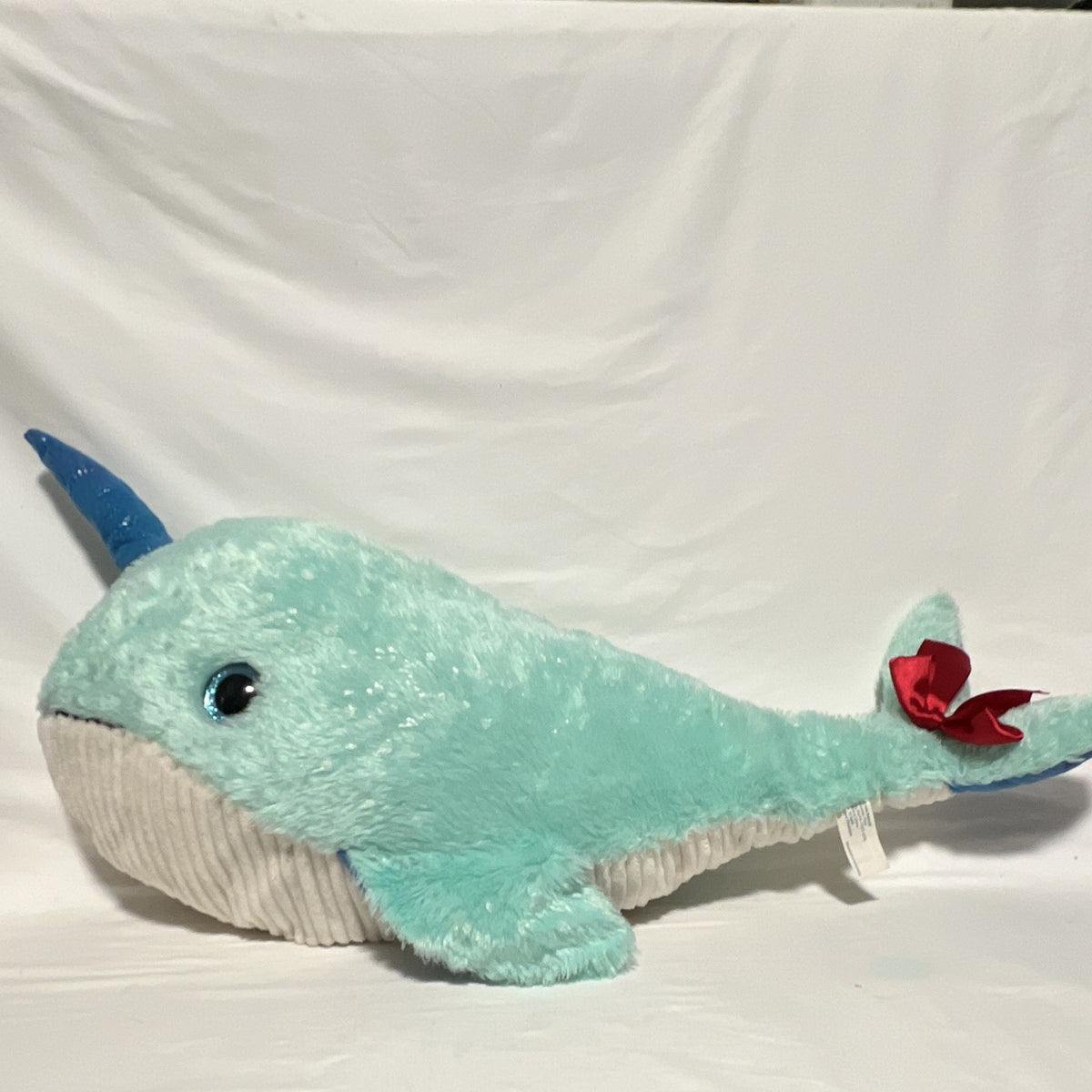 Large 36" Narwhal Plush Aqua Blue White Sparkle Horn Red Bow Stuffed Animal0