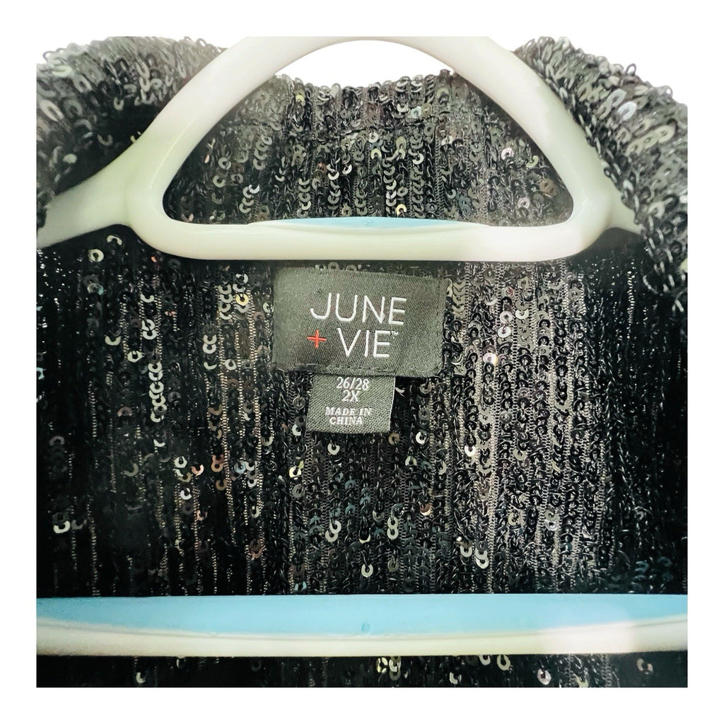 June + Vie Sequin Blazer Women 26/28 2X Black Ruched Sleeve Party Jacket Plus1