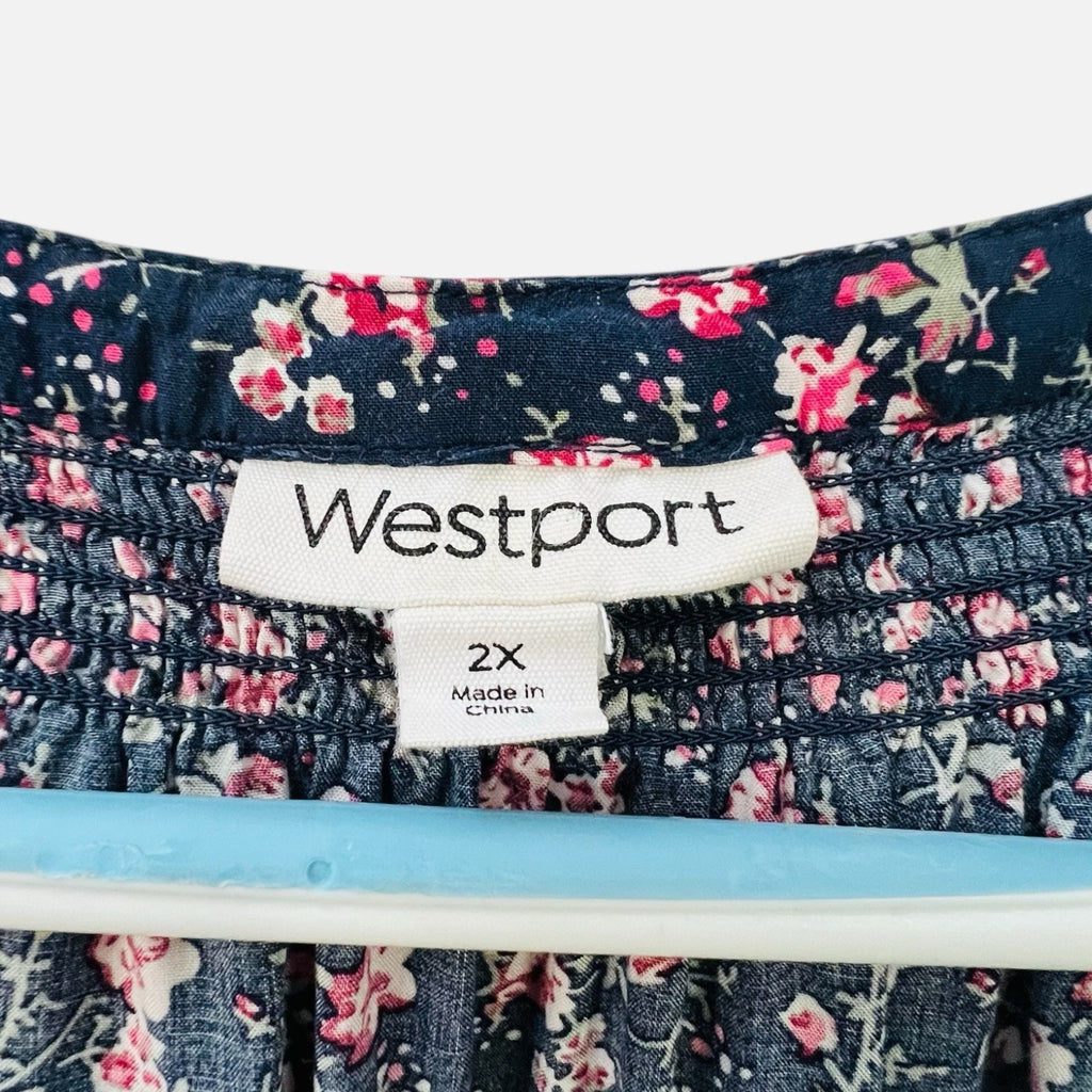 Westport 2X Floral Peasant Blouse Navy Pink V Neck Tie Sleeve Boho Plus Size1