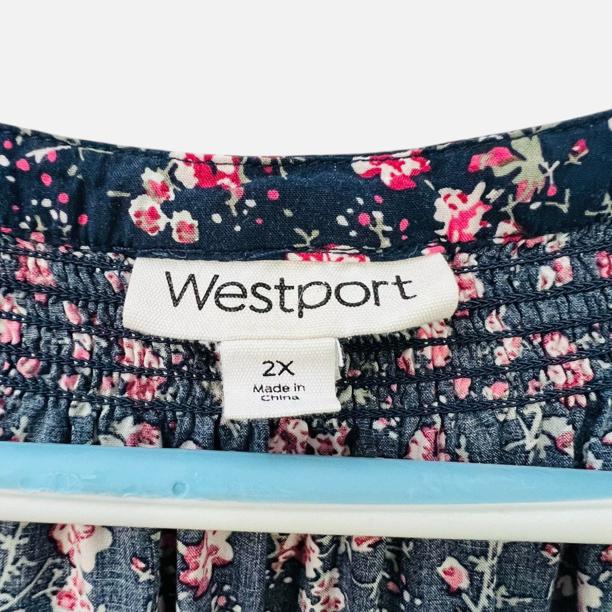 Westport 2X Floral Peasant Blouse Navy Pink V Neck Tie Sleeve Boho Plus Size1