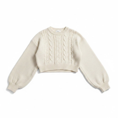Altar'd State Womens S Cream Cable Knit Cropped Sweater Balloon Sleeve Boho0