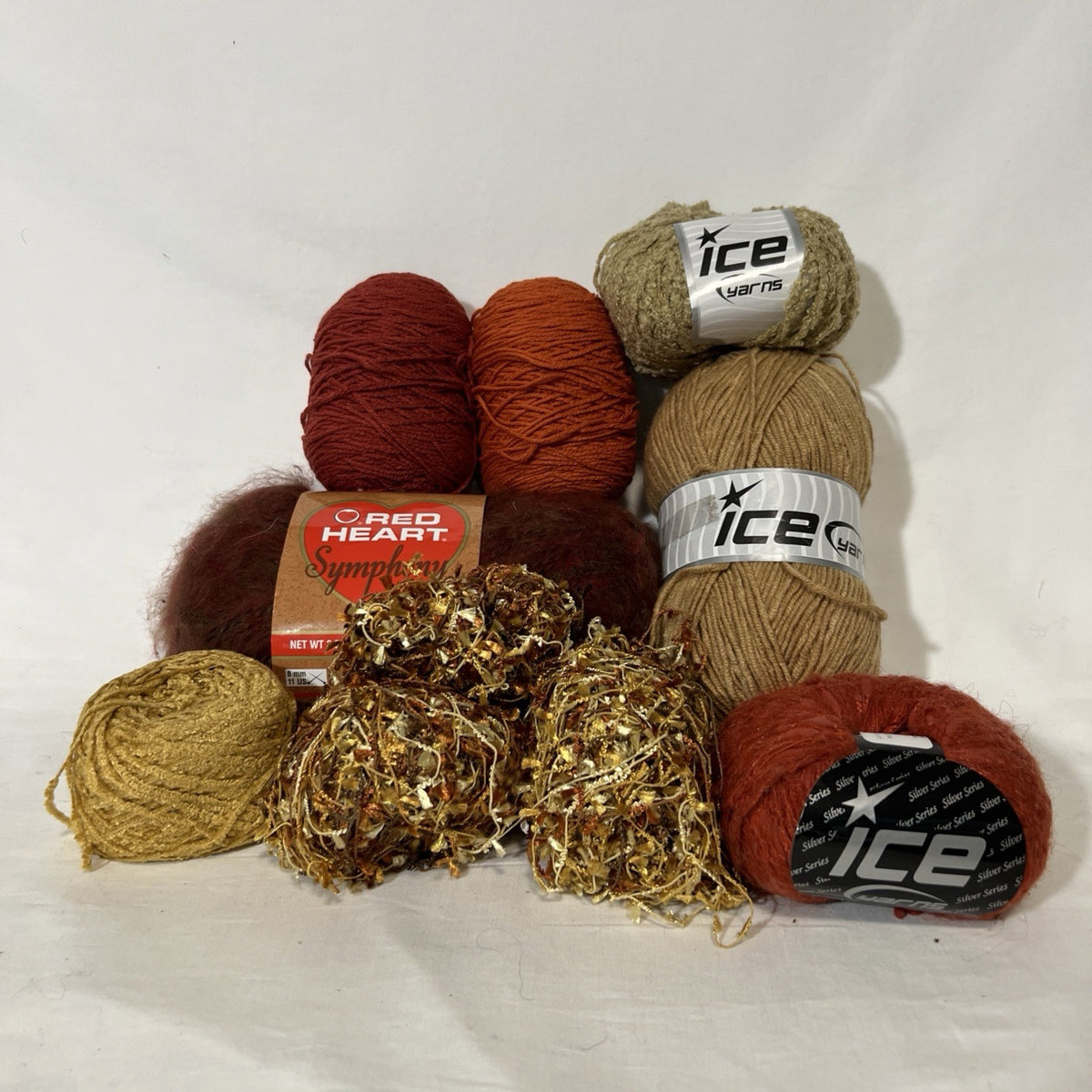Mixed Yarn Lot 9 Red Heart Ice Kollage Luscious Rust Brown Gold Novelty Yarn0