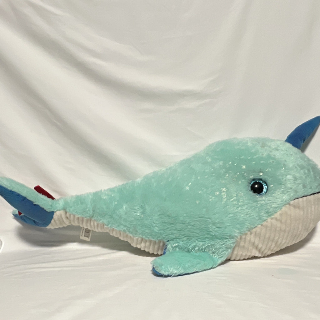 Large 36" Narwhal Plush Aqua Blue White Sparkle Horn Red Bow Stuffed Animal2