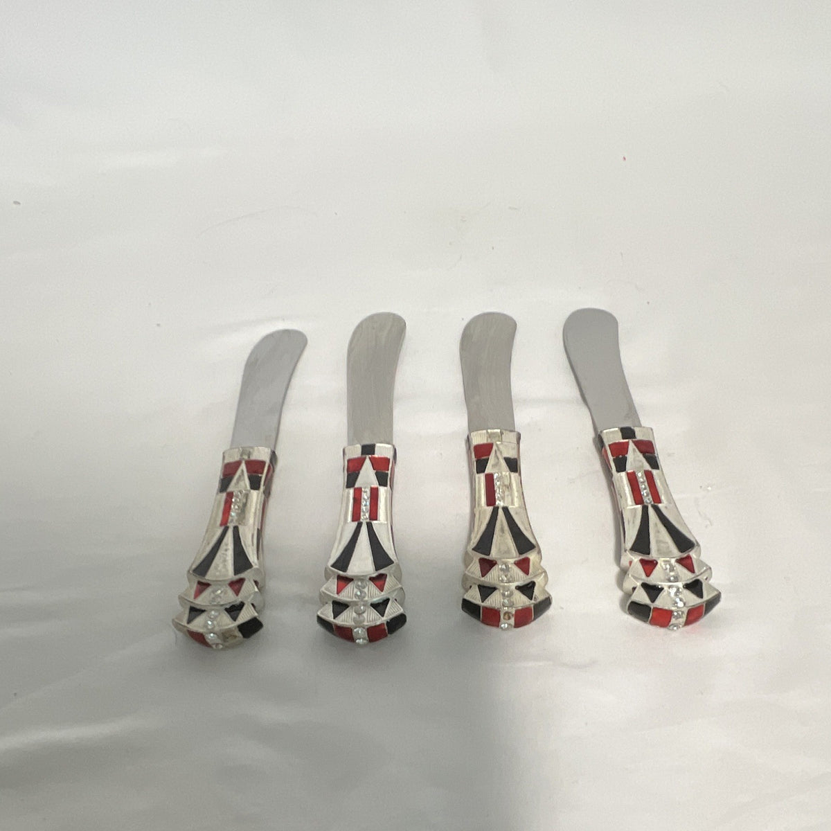 Bombay Company Cheese Spreaders Set of 4 Silver Red Black Geometric Enamel0