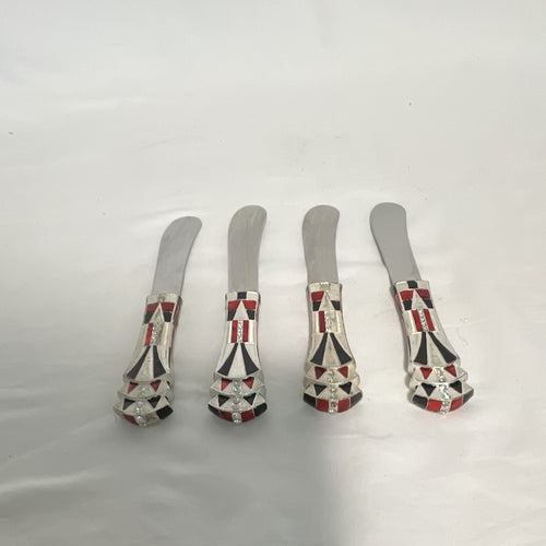 Bombay Company Cheese Spreaders Set of 4 Silver Red Black Geometric Enamel0