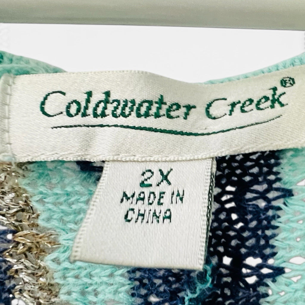 Coldwater Creek 2X Striped Surplice Faux Wrap Knit Top Teal Blue Dolman Plus1