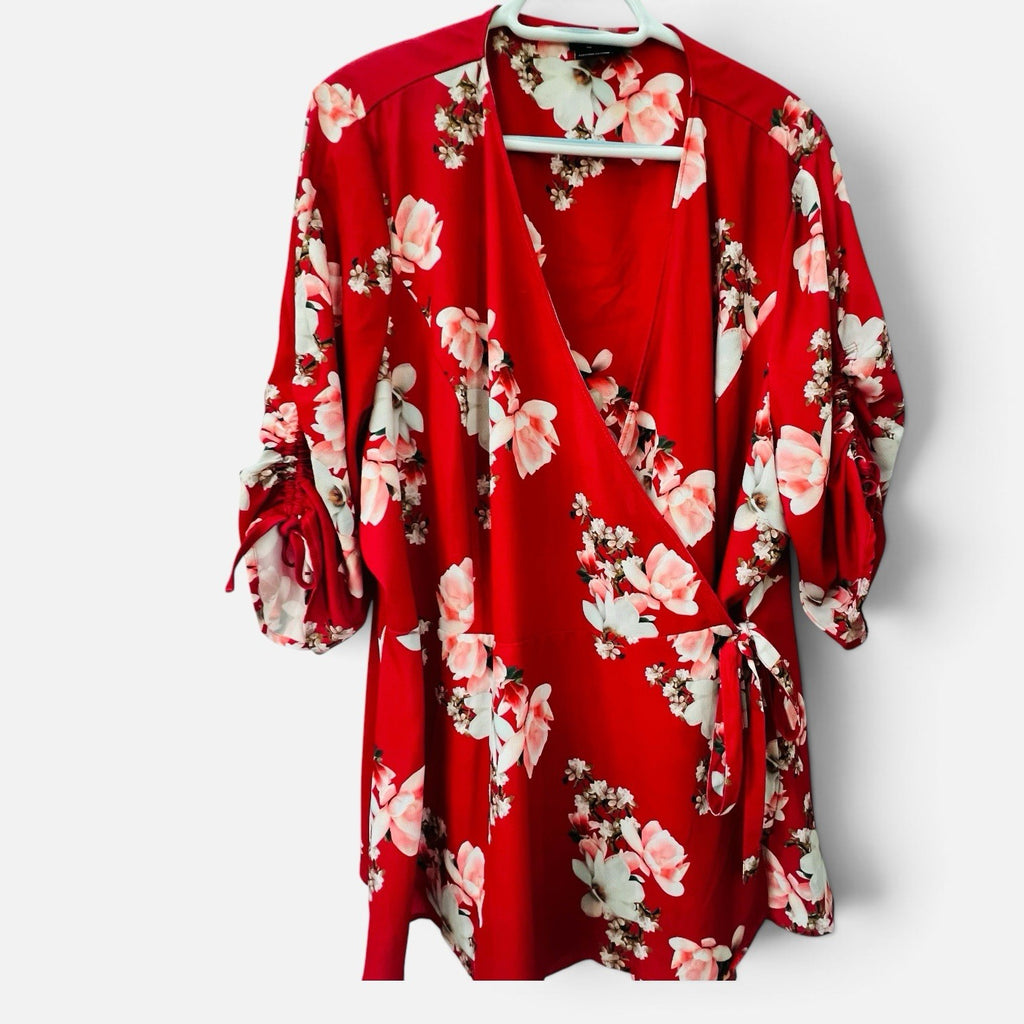 City Chic XL 22 Red Floral Wrap Blouse V Neck Ruched Sleeve Plus Size Tie Waist0