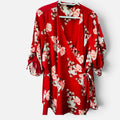 City Chic XL 22 Red Floral Wrap Blouse V Neck Ruched Sleeve Plus Size Tie Waist0