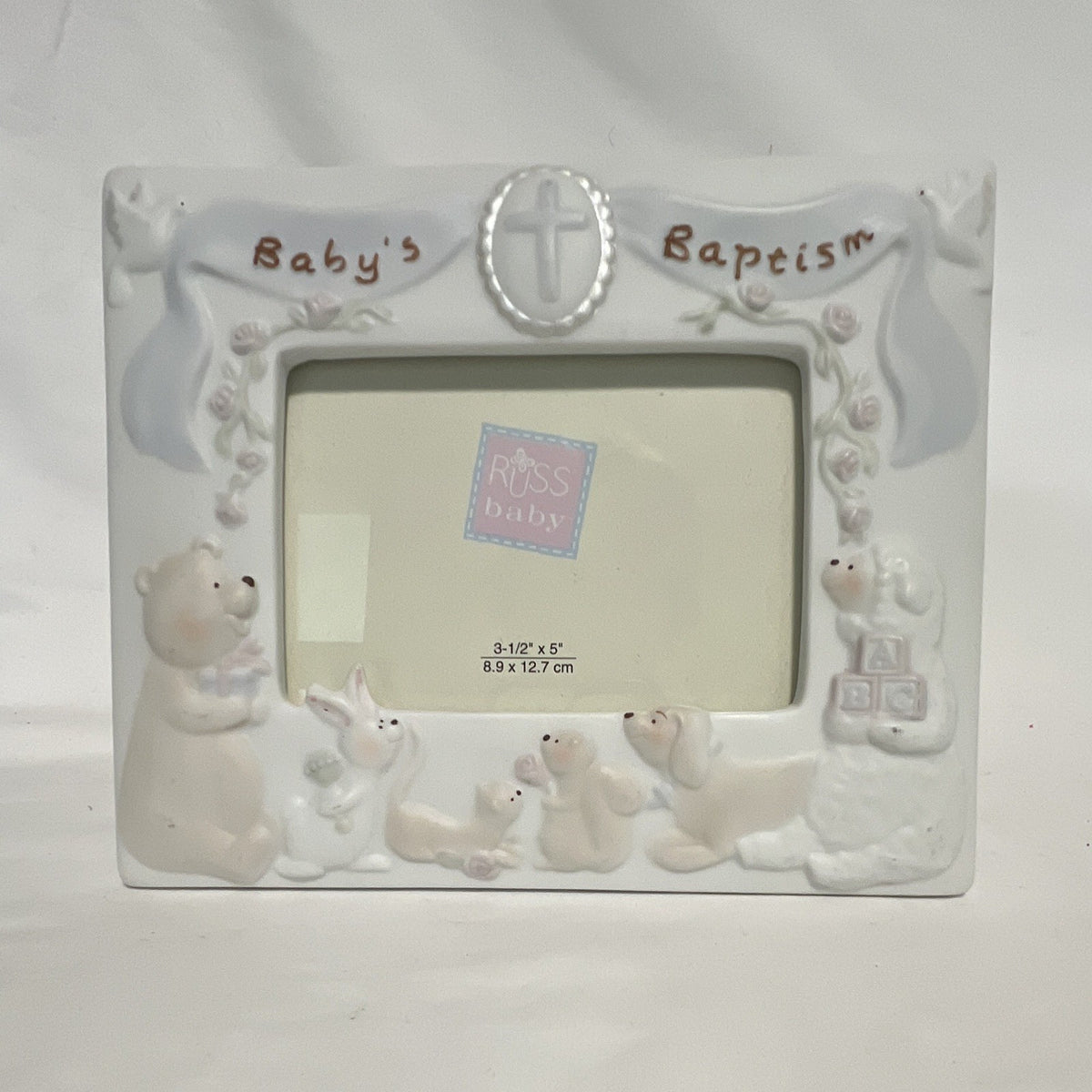 Russ Baby Baptism Picture Frame 3.5x5 White Cross Animals Religious Keepsake0