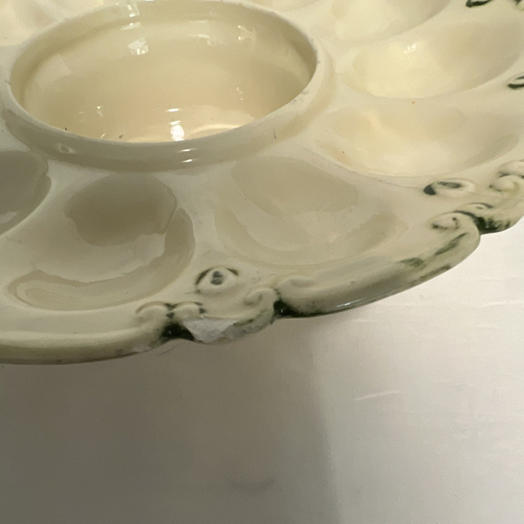 Vintage Ceramic Deviled Egg Platter Ivory Green 12 Egg Slots Center Dip Bowl2