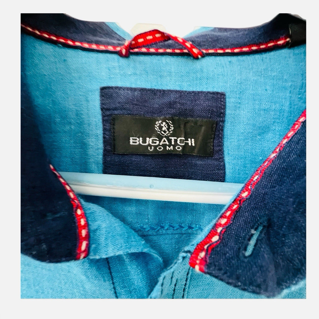 Bugatchi Uomo Men's XL Blue Linen Shirt Long Sleeve Button Up Contrast Trim2