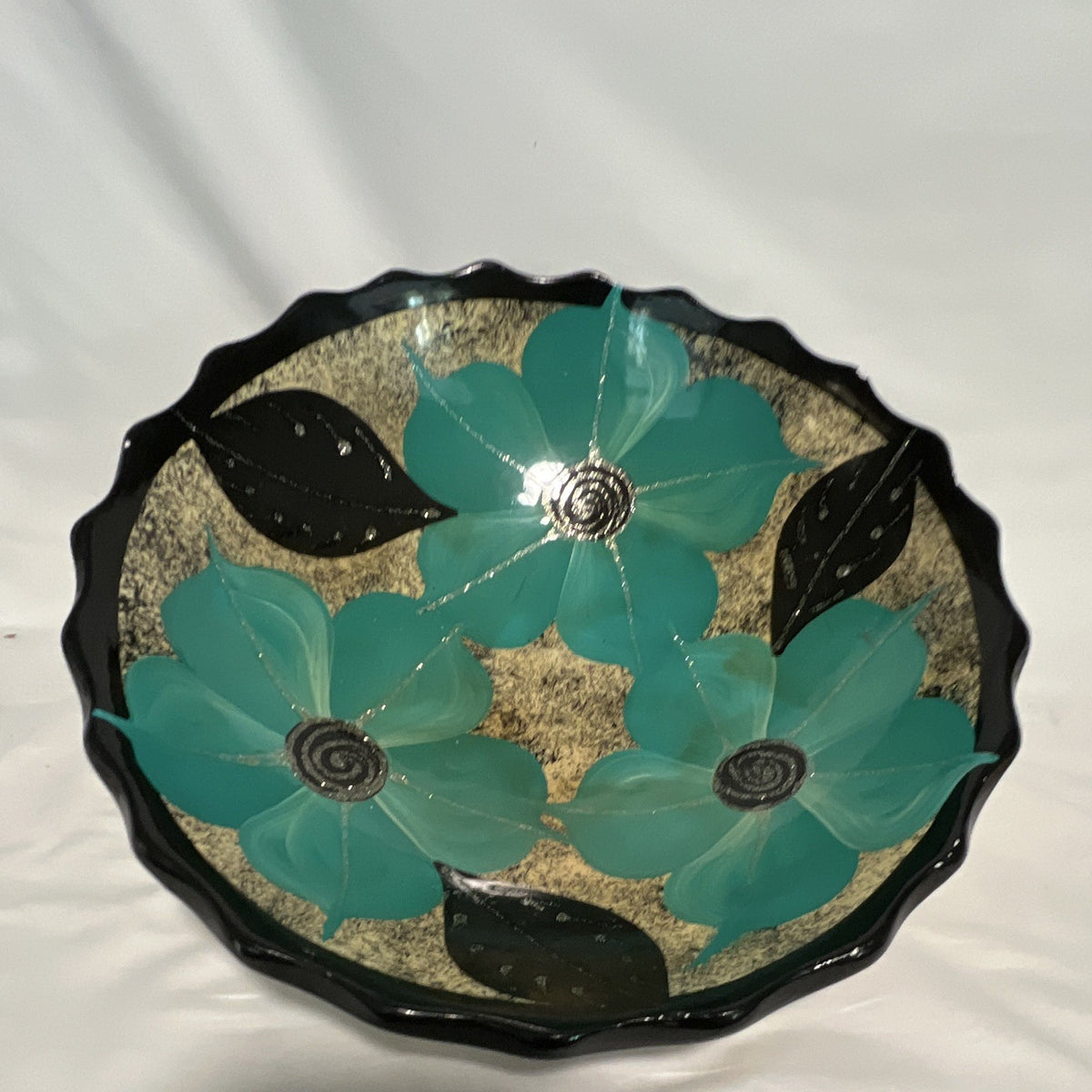 Handmade pottery Decorative Bowl, Glossy Black Turquoise Gold Floral  11 in. 0